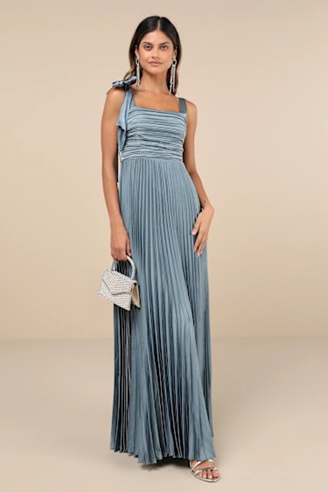 Nwt Lulus Blue Gorgeous Purpose Slate Satin Pleated Sleeveless Bow Maxi Dress S